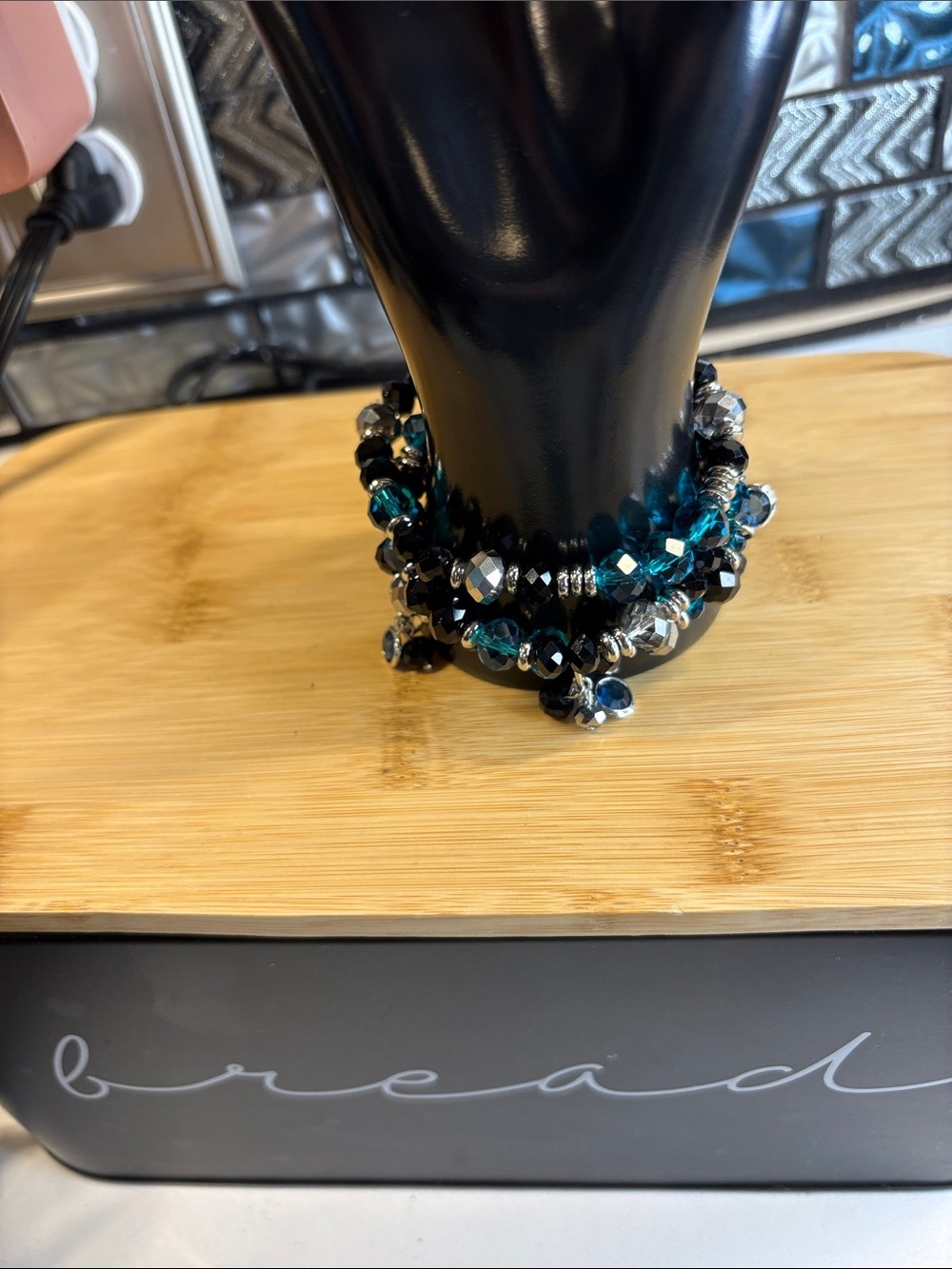 Faceted Teal & Black Bead Stretch Bracelet Set